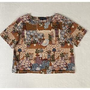 Modcloth Princess Highway Cat Cottagecore Linen Blend Top Size 12 patchwork